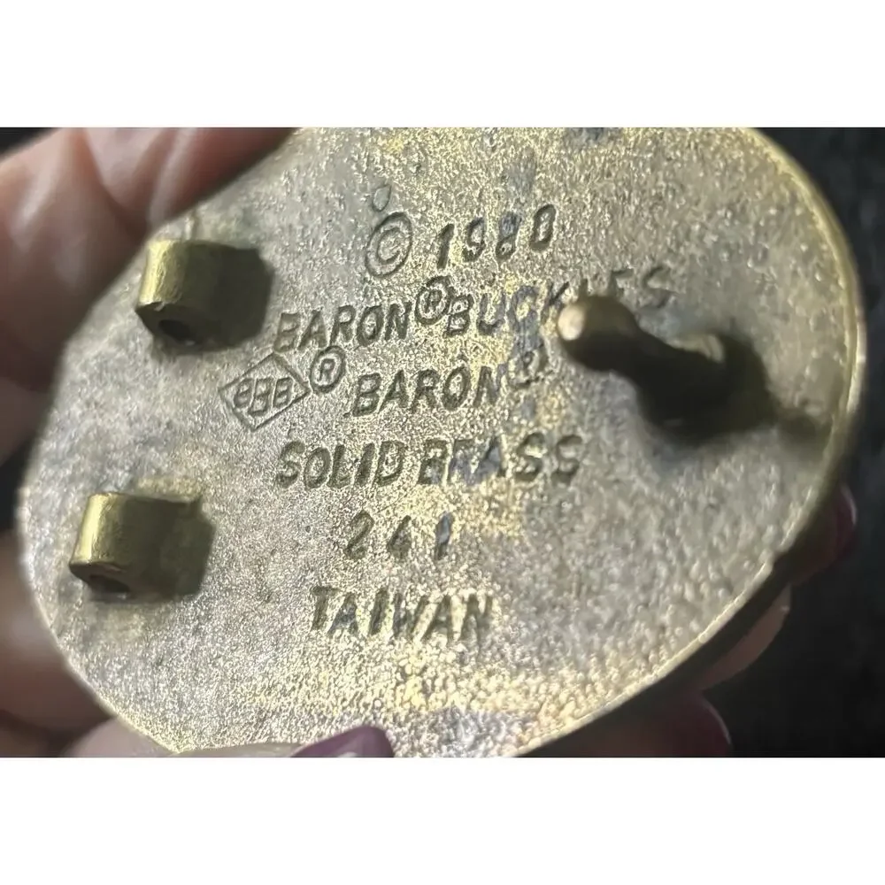 Rare Vtg 1980 Baron Buckles Brass Outlaws Investigator Skull Belt #241 Pistons